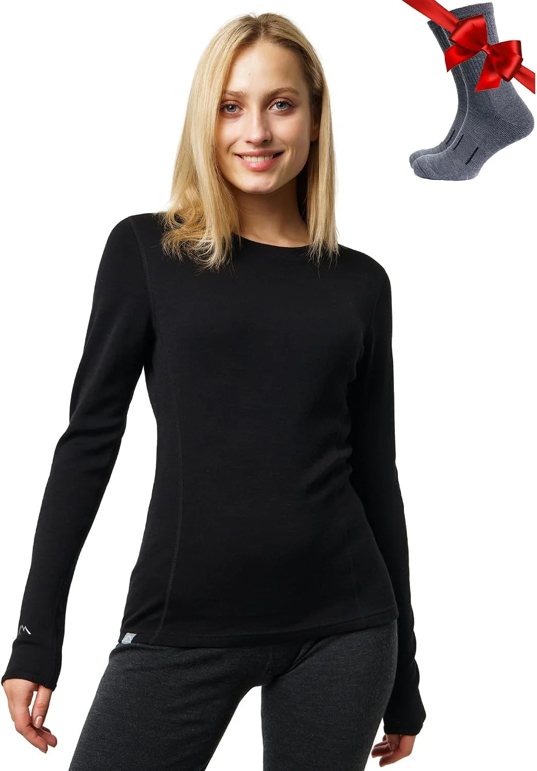 100% Merino Wool Base Layer Women - Long Sleeve Thermal Shirt with Socks