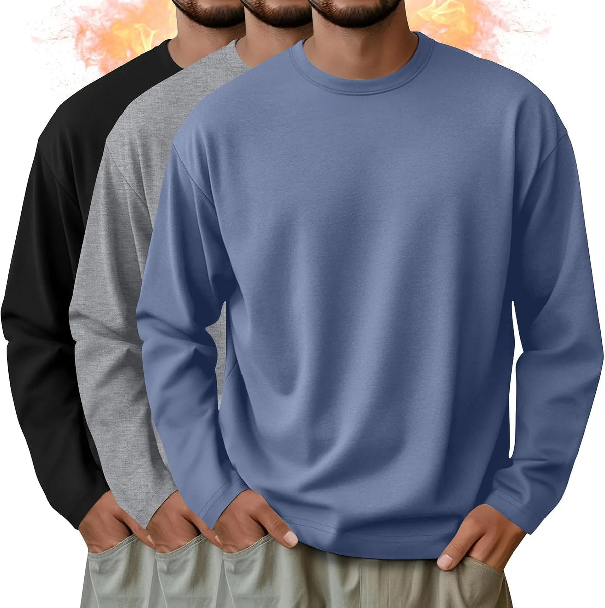 3 Pack Mens Long Sleeve Thermal Shirts Crew Neck Tops