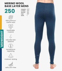 100% Merino Wool Base Layer Mens Pants - Thermal Underwear Long Johns