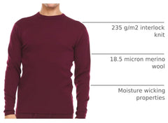 100% Merino Wool - Men's Long Sleeve Crew Shirt - Thermal Base Layer
