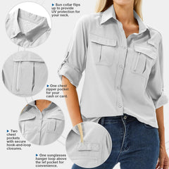 Women's UPF 50 Long Sleeve Sun Protection Safari Fish Hiking Shirts