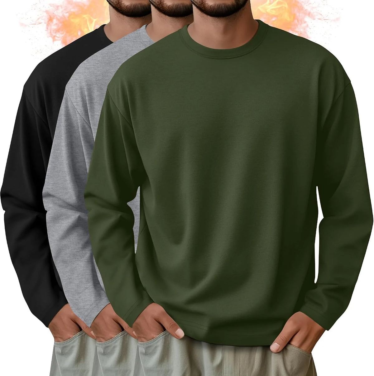 3 Pack Mens Long Sleeve Thermal Shirts Crew Neck Tops