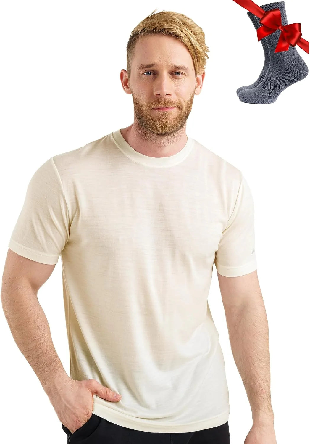 100% Merino Wool T-Shirt Men - Base Layer Top Undershirt with Hiking Socks