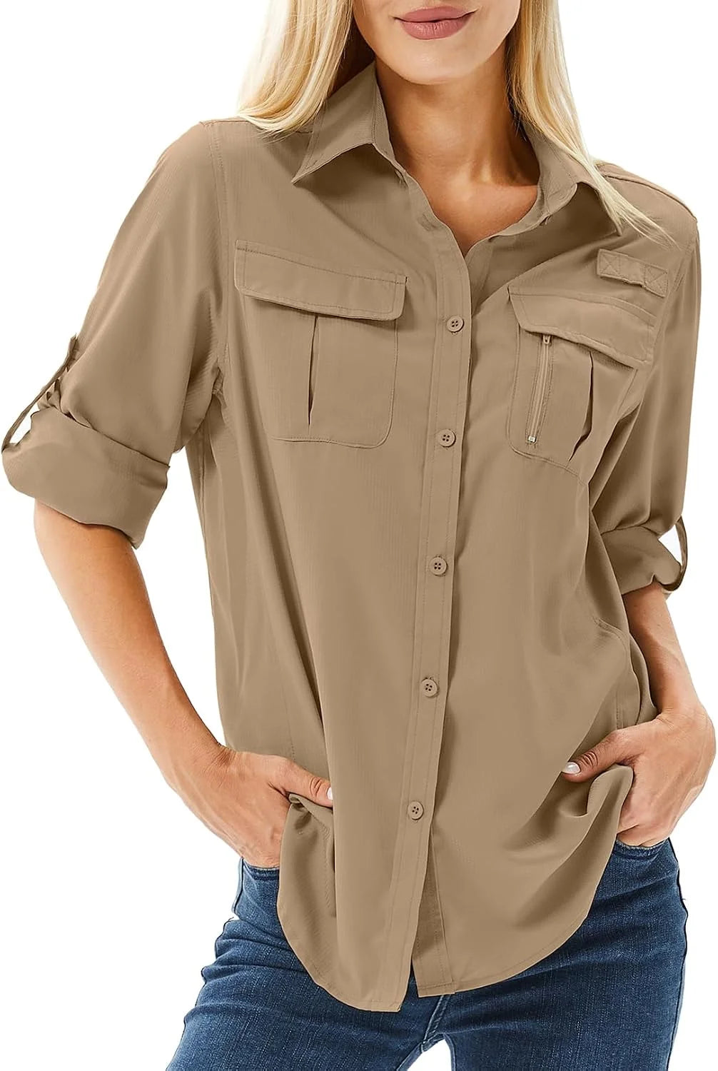 Women's UPF 50 Long Sleeve Sun Protection Safari Fish Hiking Shirts