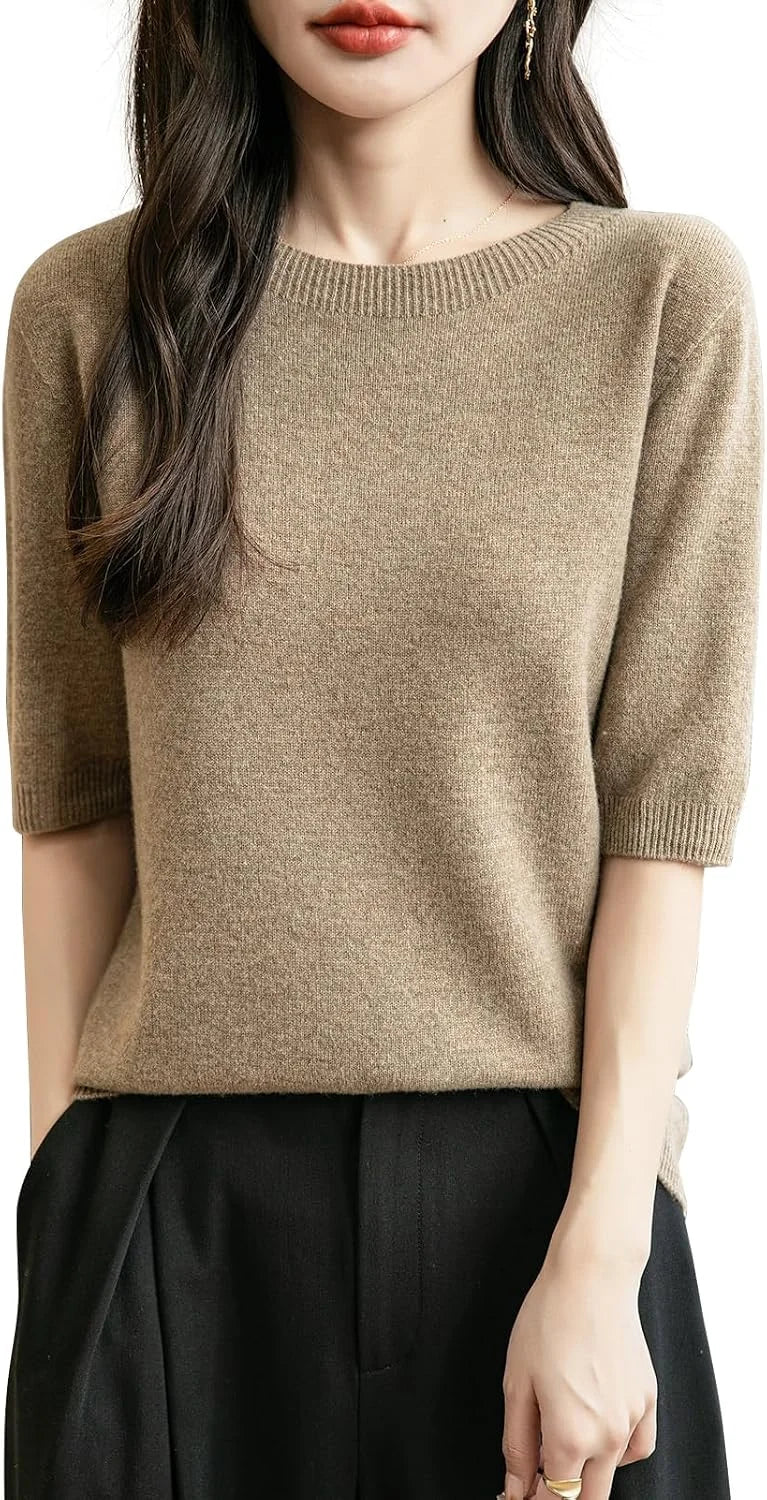 Chanyarn Women's 100% Merino Wool Spring Fall Winter First-Line Ready to Wear Seamless Knit Crewneck Short Sleeve Sweater