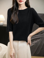 Chanyarn Women's 100% Merino Wool Spring Fall Winter First-Line Ready to Wear Seamless Knit Crewneck Short Sleeve Sweater