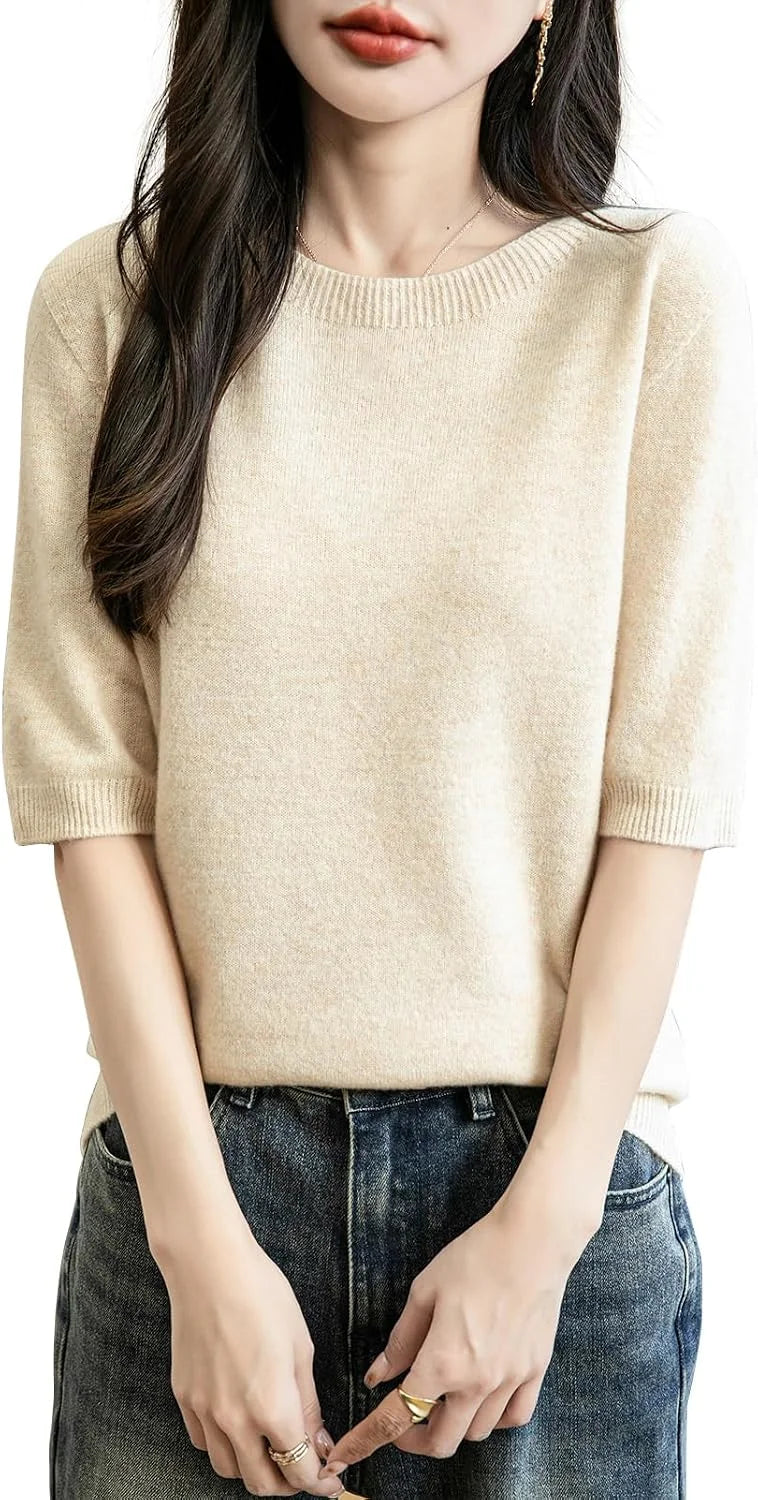 Chanyarn Women's 100% Merino Wool Spring Fall Winter First-Line Ready to Wear Seamless Knit Crewneck Short Sleeve Sweater