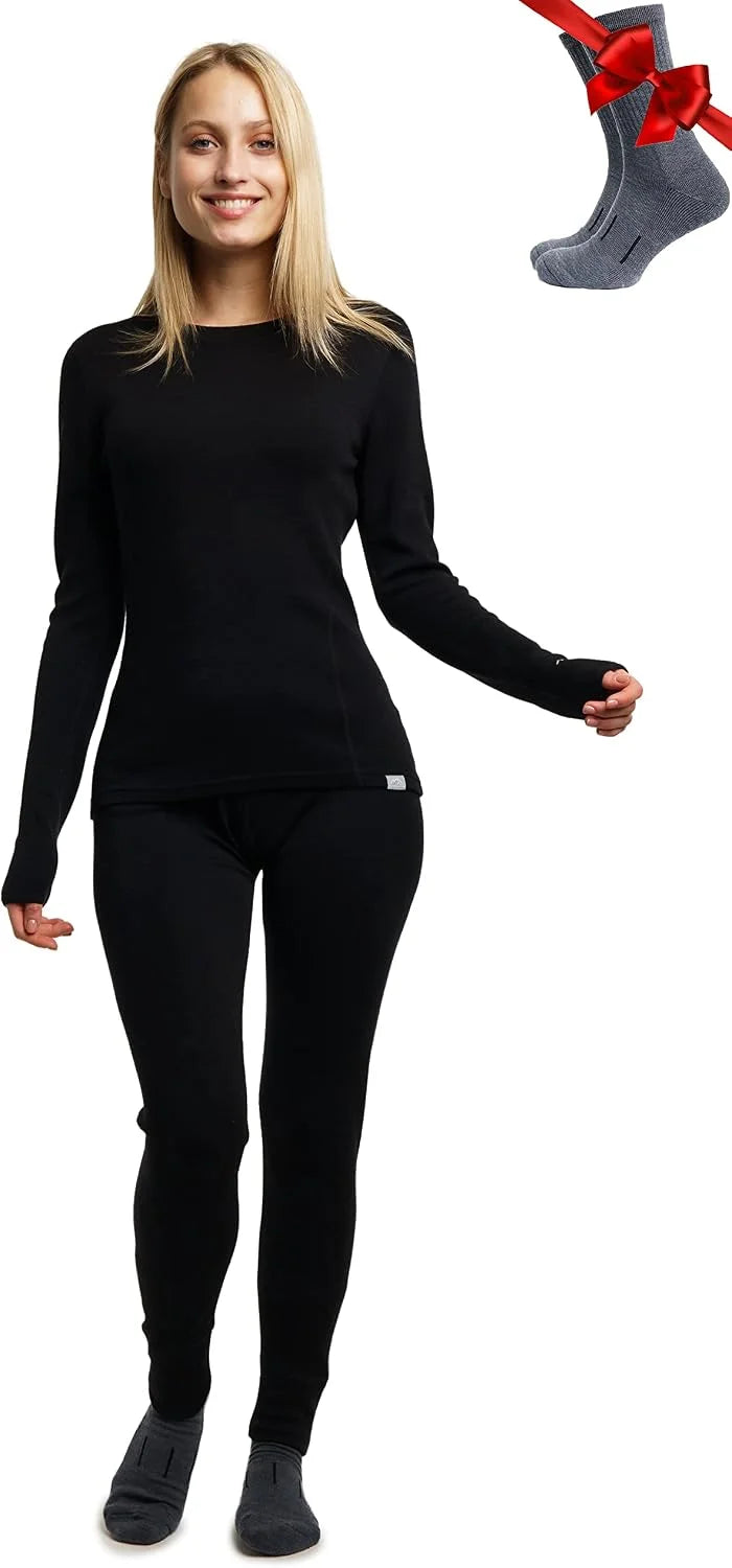 100% Merino Wool Base Layer Women Set - Thermal Underwear Women Top, Bottom