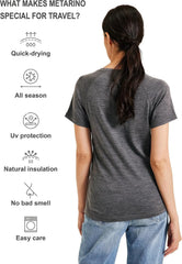 METARINO 100% Merino Wool T-Shirt Women V Neck Short Sleeve Base Layer Tee Shirt for Travel,Hiking,Sports