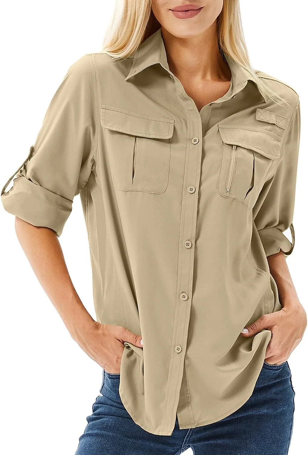 Women's UPF 50 Long Sleeve Sun Protection Safari Fish Hiking Shirts