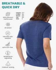100% Merino Wool Shirt Women - Short Sleeve Tee Base Layer Top Undershirt
