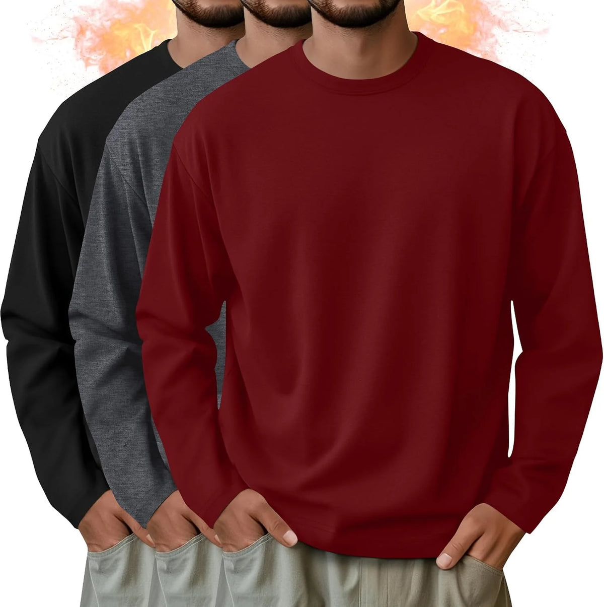 3 Pack Mens Long Sleeve Thermal Shirts Crew Neck Tops