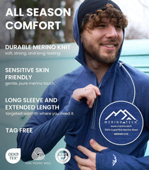100% Merino Wool Hoodie Men - Slim Fit Quarter Zip Thermal Base Layer Top