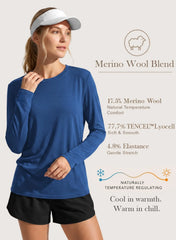 Merino Wool Shirt Women Lightweight Breathable Basic Tees Long Sleeve Sun Protection Shirts