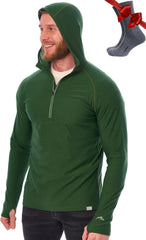 100% Merino Wool Hoodie Men - Slim Fit Quarter Zip Thermal Base Layer Top