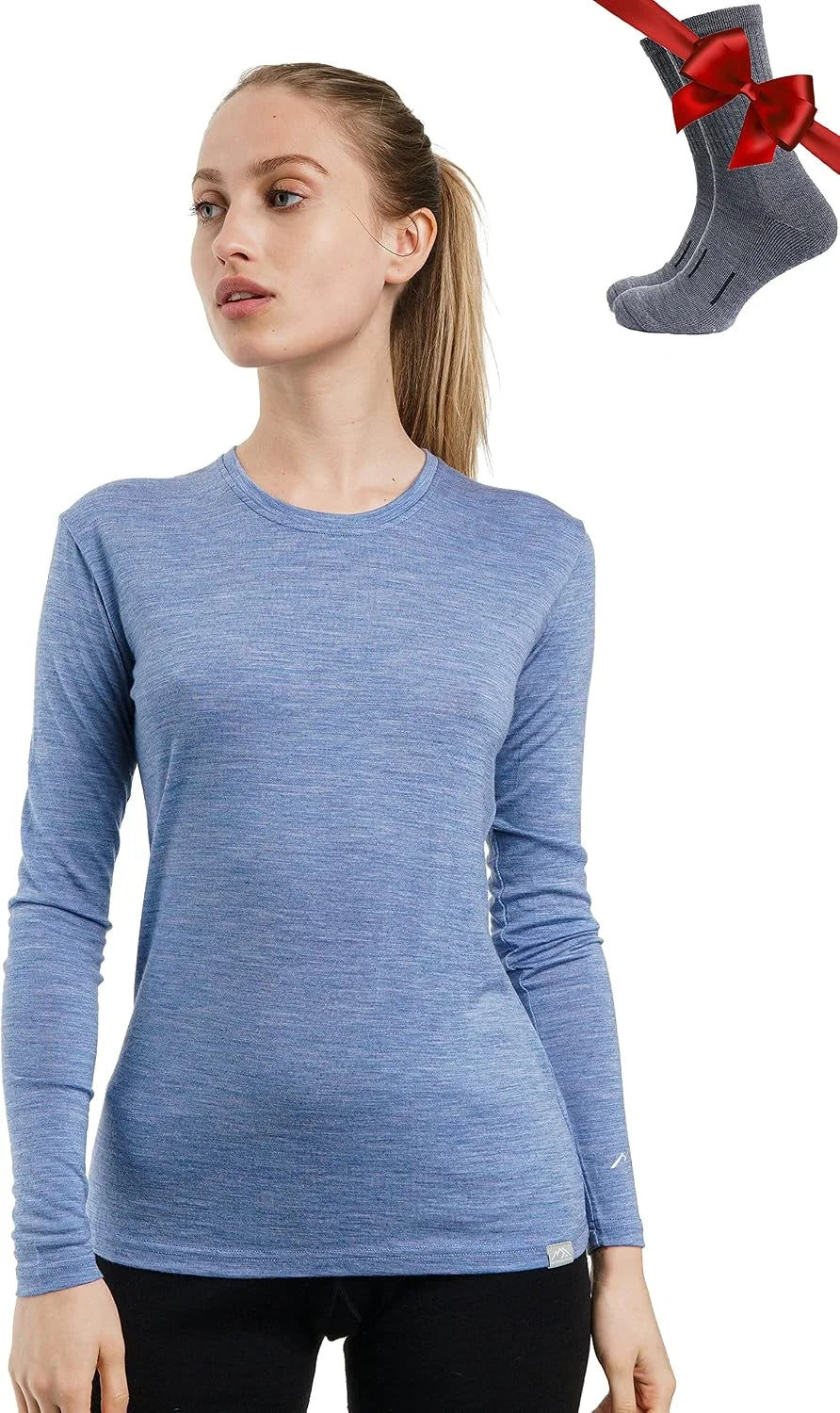 100% Merino Wool Base Layer Women - Long Sleeve Thermal Shirt with Socks
