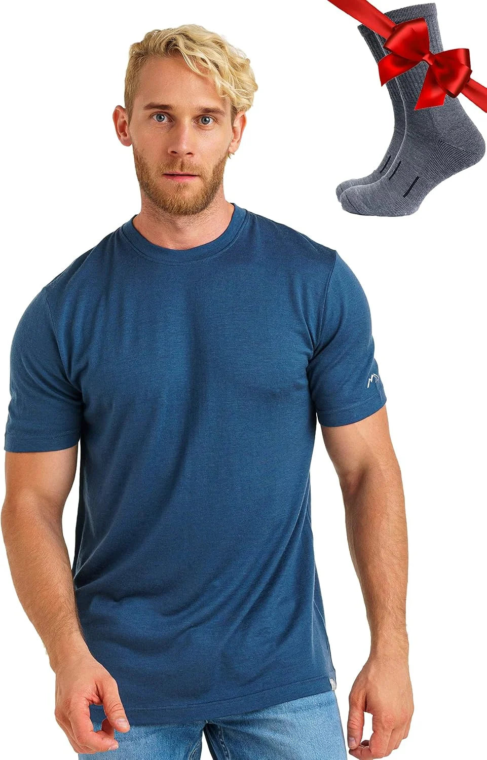 100% Merino Wool T-Shirt Men - Base Layer Top Undershirt with Hiking Socks