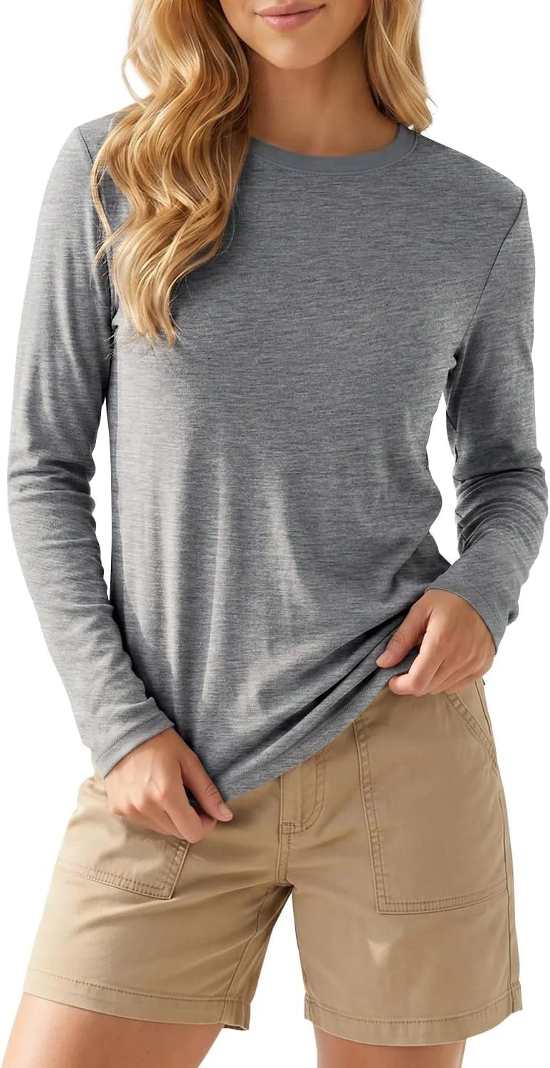 Merino Wool Shirt Women Lightweight Breathable Basic Tees Long Sleeve Sun Protection Shirts