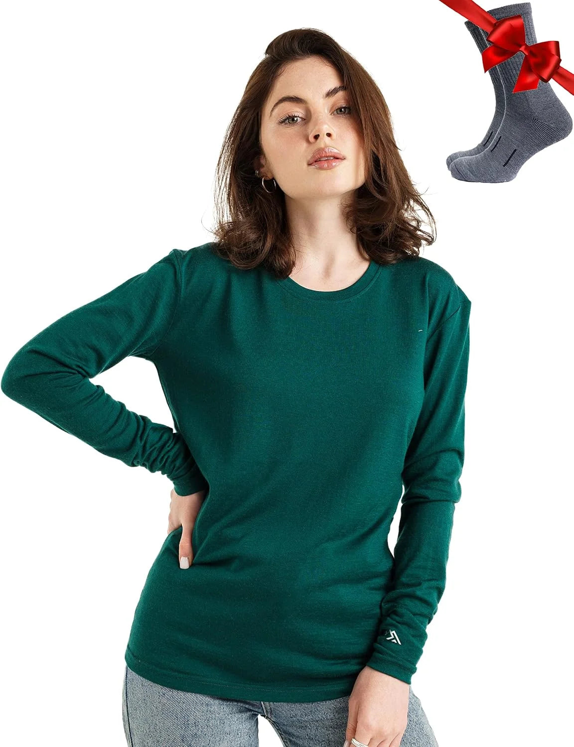 100% Merino Wool Base Layer Women - Long Sleeve Thermal Shirt with Socks