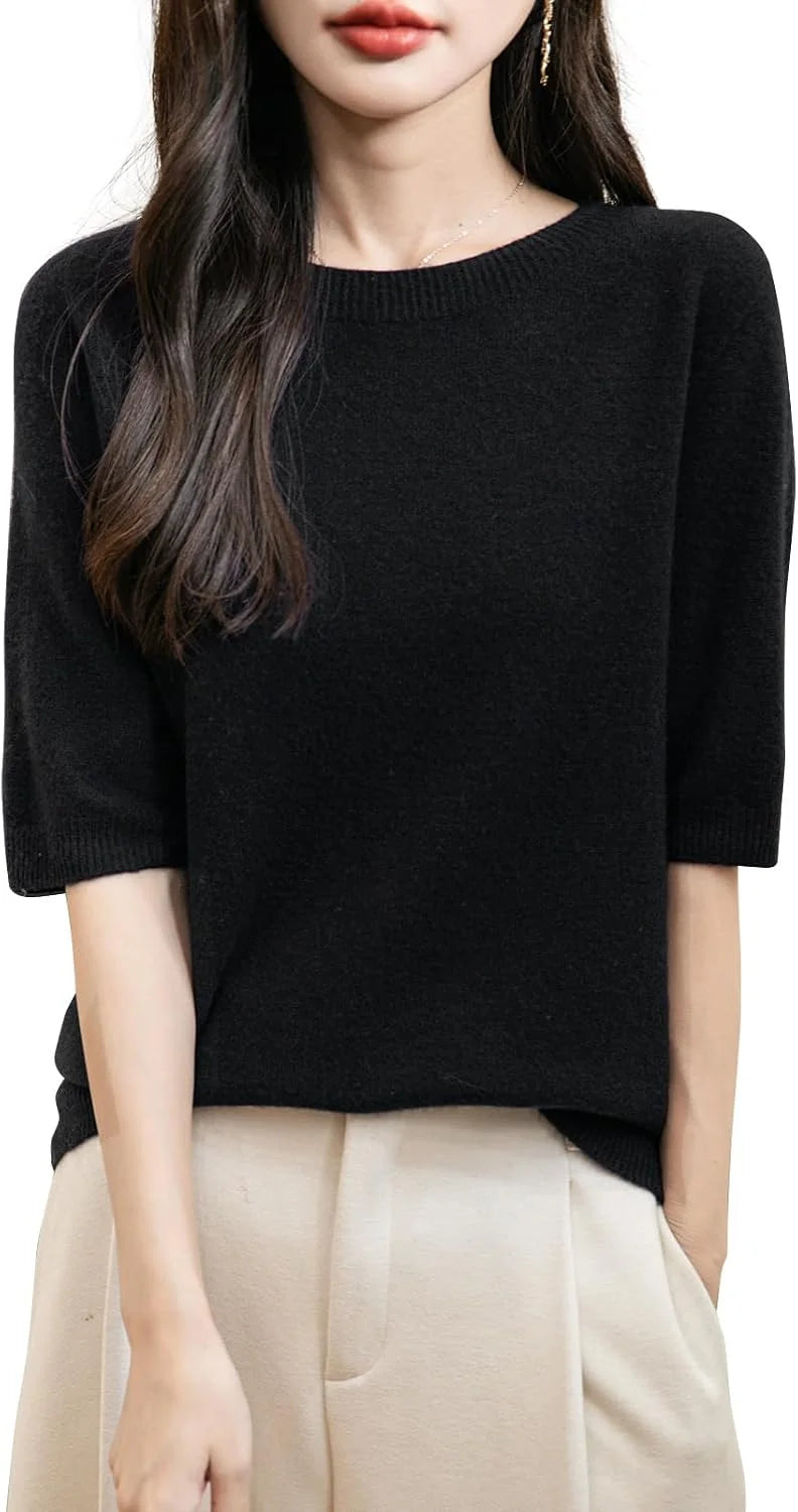Chanyarn Women's 100% Merino Wool Spring Fall Winter First-Line Ready to Wear Seamless Knit Crewneck Short Sleeve Sweater