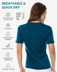100% Merino Wool Shirt Women - Short Sleeve Tee Base Layer Top Undershirt