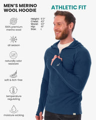 100% Merino Wool Hoodie Men - Slim Fit Quarter Zip Thermal Base Layer Top