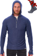 100% Merino Wool Hoodie Men - Slim Fit Quarter Zip Thermal Base Layer Top