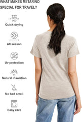 METARINO 100% Merino Wool T-Shirt Women V Neck Short Sleeve Base Layer Tee Shirt for Travel,Hiking,Sports