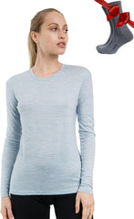 100% Merino Wool Base Layer Women - Long Sleeve Thermal Shirt with Socks
