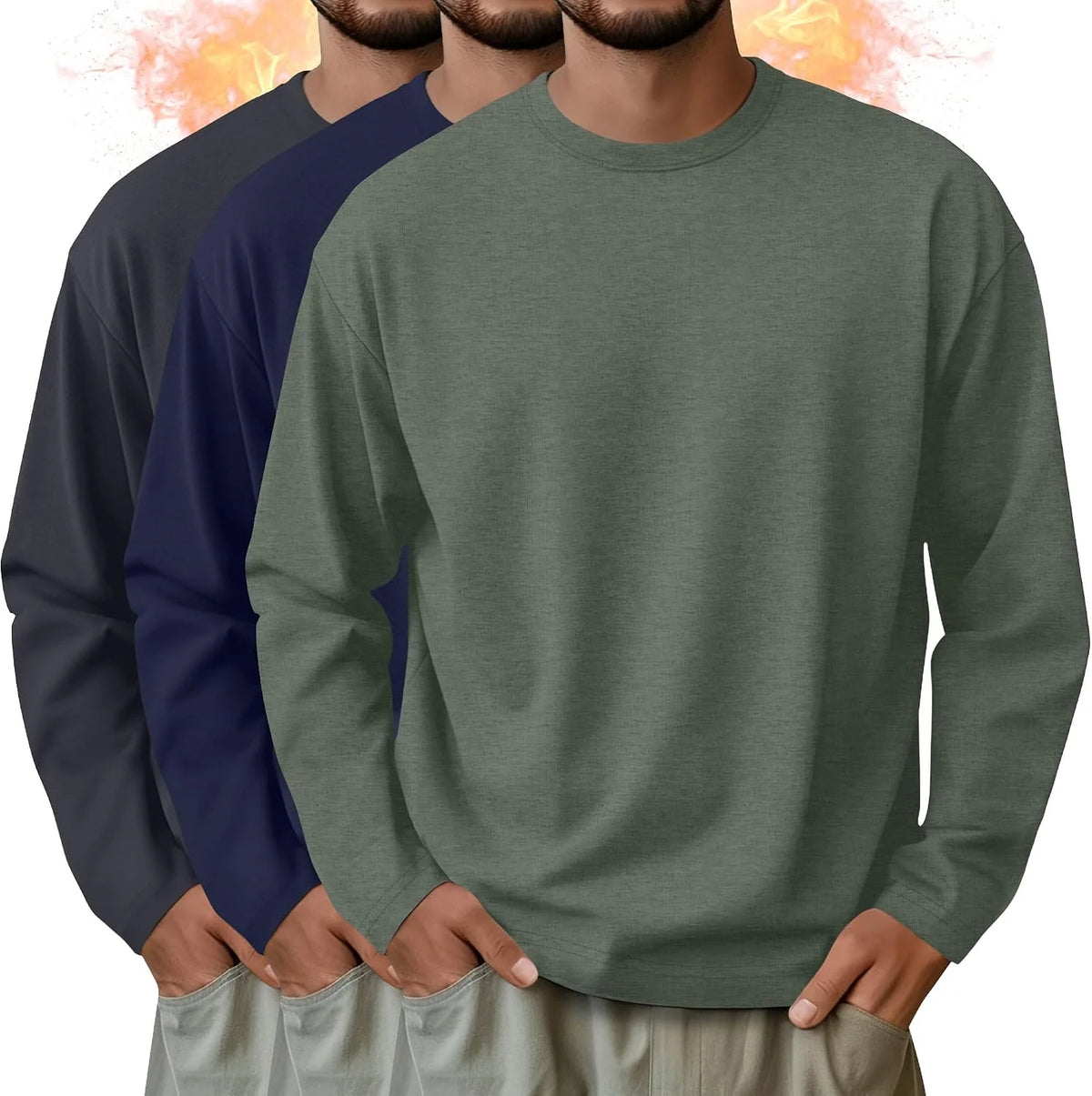 3 Pack Mens Long Sleeve Thermal Shirts Crew Neck Tops