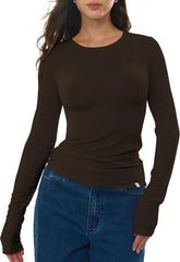 Women's Merino Wool Blend Shirts Long Sleeve Tops Crew Neck Fitted Basic Tee Cozy Embrace Collection