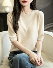 Chanyarn Women's 100% Merino Wool Spring Fall Winter First-Line Ready to Wear Seamless Knit Crewneck Short Sleeve Sweater