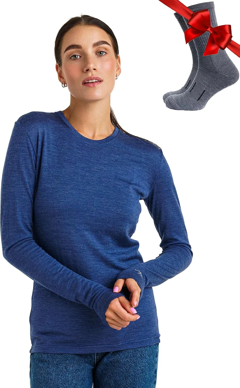 100% Merino Wool Base Layer Women - Long Sleeve Thermal Shirt with Socks