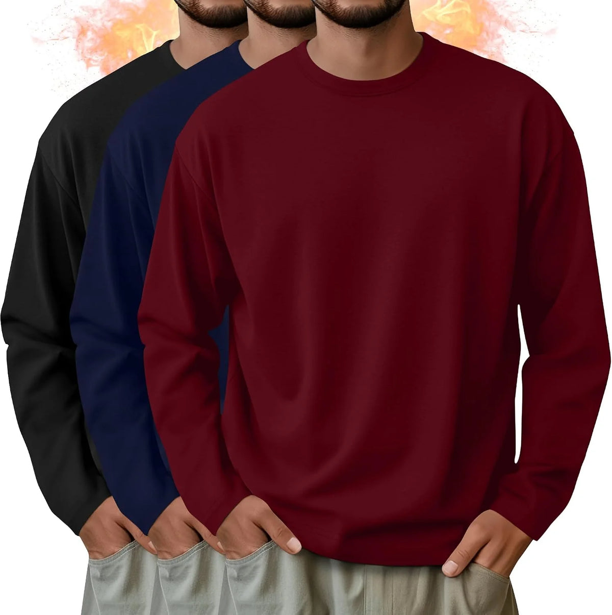 3 Pack Mens Long Sleeve Thermal Shirts Crew Neck Tops