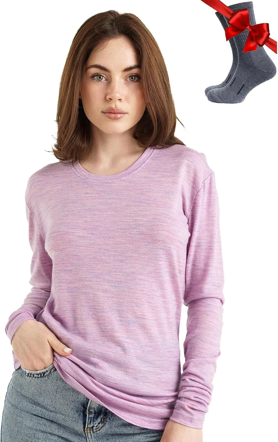100% Merino Wool Base Layer Women - Long Sleeve Thermal Shirt with Socks