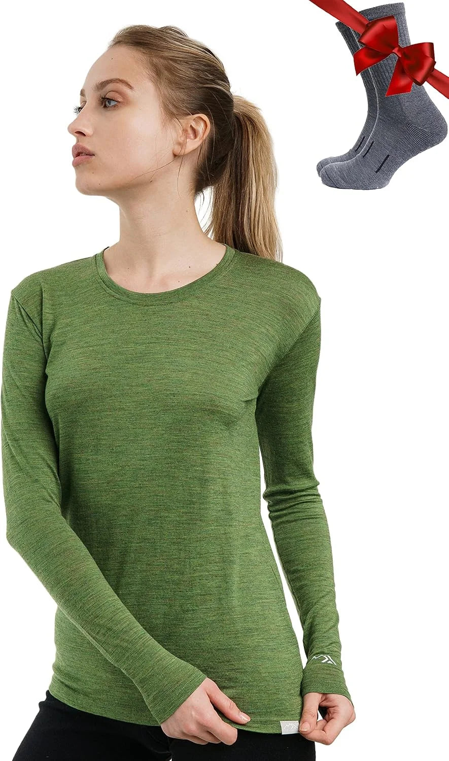 100% Merino Wool Base Layer Women - Long Sleeve Thermal Shirt with Socks