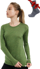 100% Merino Wool Base Layer Women - Long Sleeve Thermal Shirt with Socks
