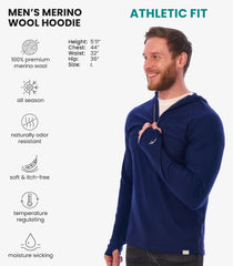 100% Merino Wool Hoodie Men - Slim Fit Quarter Zip Thermal Base Layer Top
