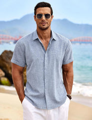 COOFANDY Men's Linen Shirts Short Sleeve Casual Shirts Button Down Shirt for Men Beach Summer Wedding Shirt