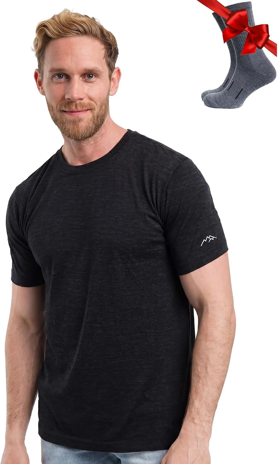 100% Merino Wool T-Shirt Men - Base Layer Top Undershirt with Hiking Socks