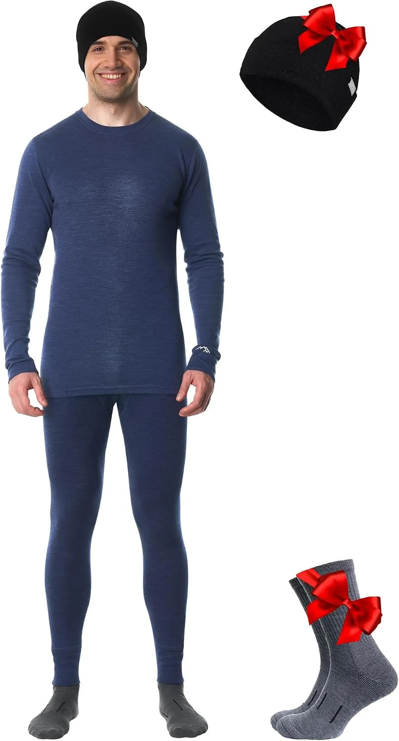 100% Merino Wool Base Layer Men Set - Thermal Underwear for Men Long Johns