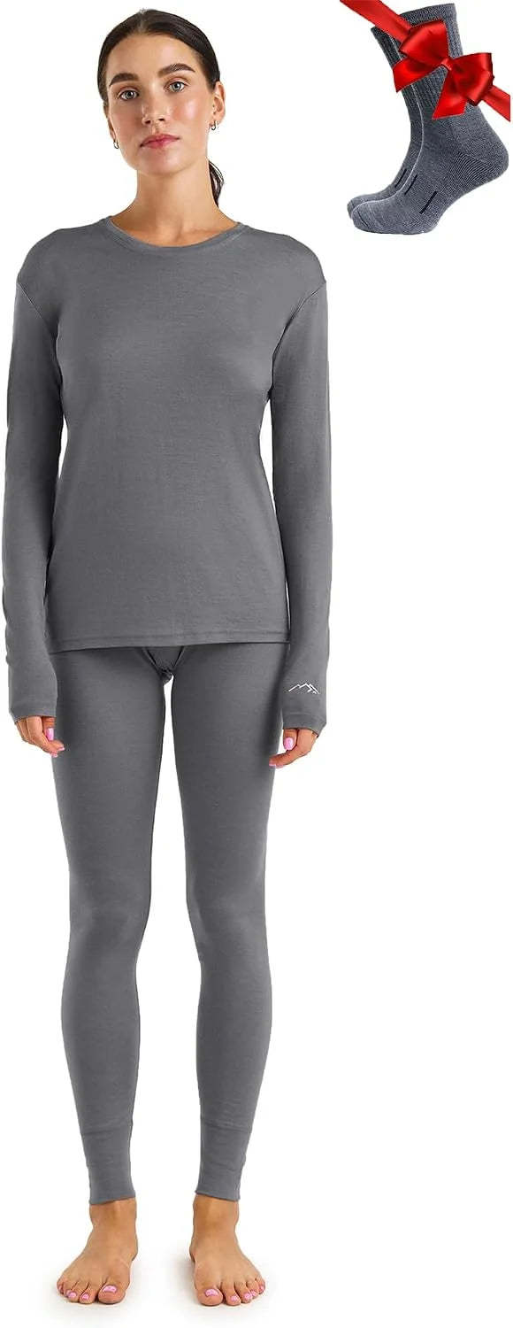 100% Merino Wool Base Layer Women Set - Thermal Underwear Women Top, Bottom