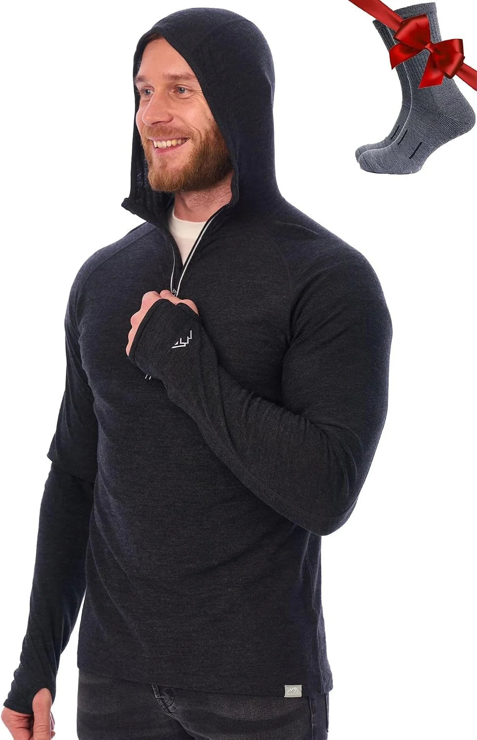 100% Merino Wool Hoodie Men - Slim Fit Quarter Zip Thermal Base Layer Top