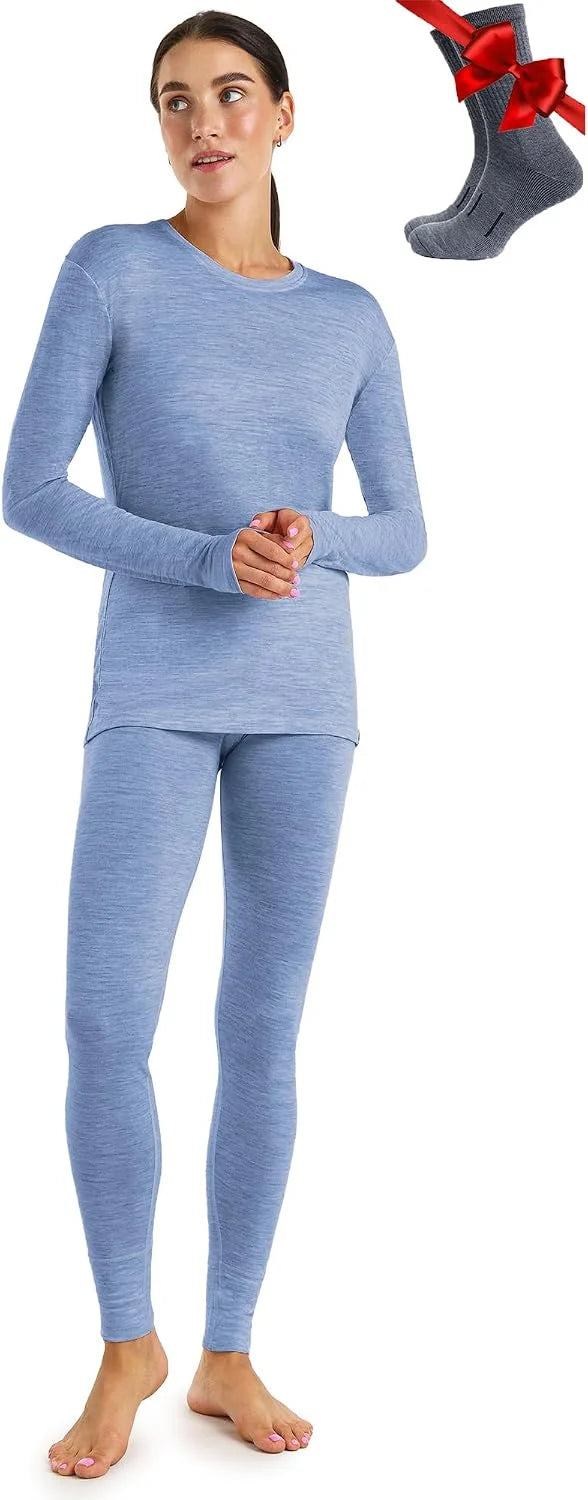 100% Merino Wool Base Layer Women Set - Thermal Underwear Women Top, Bottom