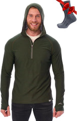 100% Merino Wool Hoodie Men - Slim Fit Quarter Zip Thermal Base Layer Top