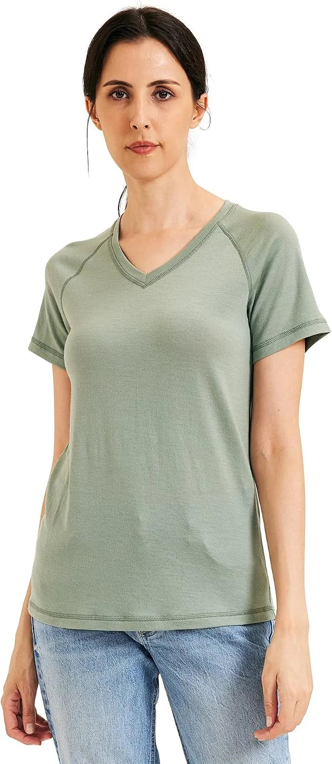 METARINO 100% Merino Wool T-Shirt Women V Neck Short Sleeve Base Layer Tee Shirt for Travel,Hiking,Sports
