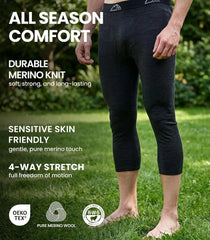 100% Merino Wool Base Layer Mens Long Johns - Thermal Underwear Bottoms | Long and 3/4 Length Thermal Leggins, Breathable, Naturally Odor-Resistant, Ideal for Hiking, Running, Everyday Wear