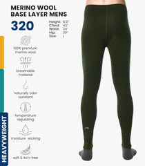 100% Merino Wool Base Layer Mens Pants - Thermal Underwear Long Johns | Lightweight, Midweight, Heavyweight Base Layer, Breathable Leggings, Odor-Resistant Wool, Ideal for Hiking, Skiing, Winter