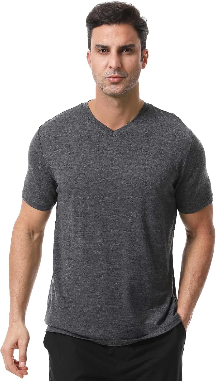 Merino Protect 100% Merino Wool V-Neck T Shirts for Men Odor Resistance Base Layer Hiking Travel T-Shirt Soft Undershirt