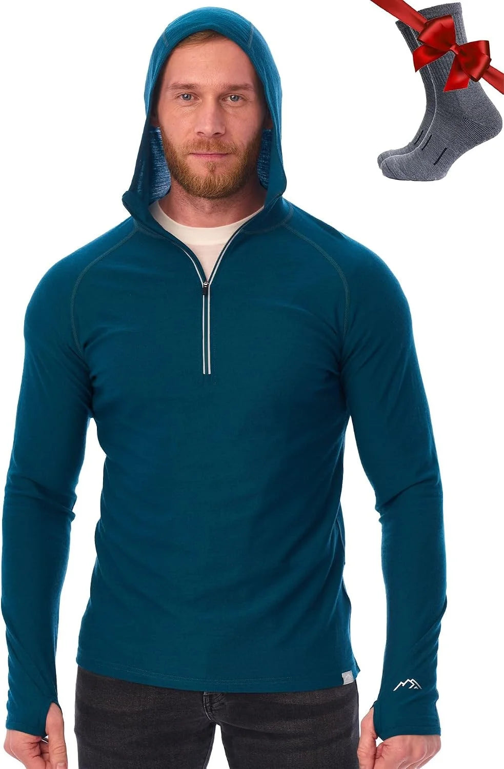 100% Merino Wool Hoodie Men - Slim Fit Quarter Zip Thermal Base Layer Top